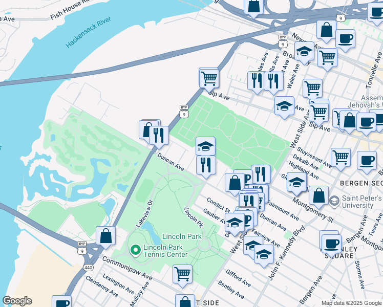 map of restaurants, bars, coffee shops, grocery stores, and more near 129 Harvey Avenue in Jersey City