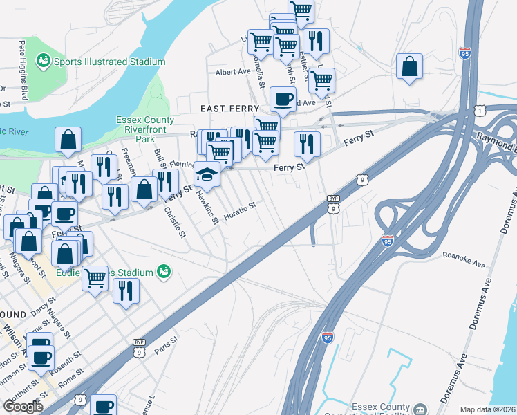 map of restaurants, bars, coffee shops, grocery stores, and more near 37 Vincent Street in Newark