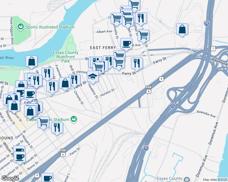 map of restaurants, bars, coffee shops, grocery stores, and more near 37 Vincent Street in Newark