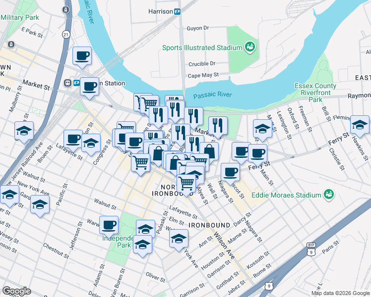 map of restaurants, bars, coffee shops, grocery stores, and more near 47 Van Buren Street in Newark