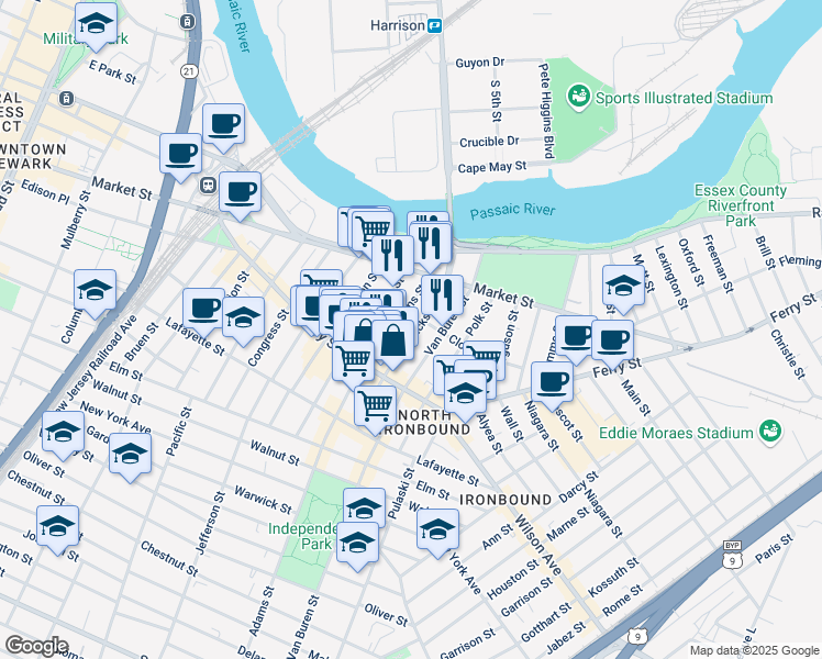 map of restaurants, bars, coffee shops, grocery stores, and more near 35 Adams Street in Newark