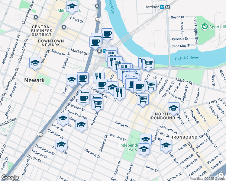 map of restaurants, bars, coffee shops, grocery stores, and more near in Newark