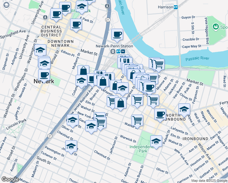 map of restaurants, bars, coffee shops, grocery stores, and more near 85 Union Street in Newark