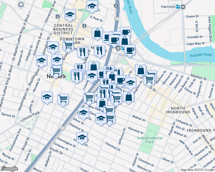 map of restaurants, bars, coffee shops, grocery stores, and more near 76 New Jersey Railroad Avenue in Newark