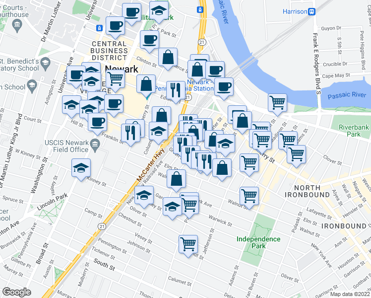 map of restaurants, bars, coffee shops, grocery stores, and more near 76 New Jersey Railroad Avenue in Newark