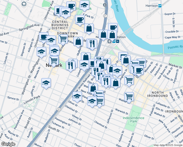 map of restaurants, bars, coffee shops, grocery stores, and more near 76 New Jersey Railroad Avenue in Newark