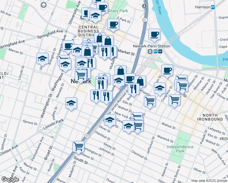 map of restaurants, bars, coffee shops, grocery stores, and more near 59 Columbia Street in Newark