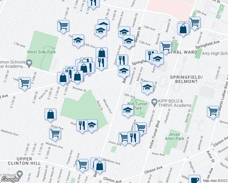 map of restaurants, bars, coffee shops, grocery stores, and more near 399-443 Springfield Avenue in Newark