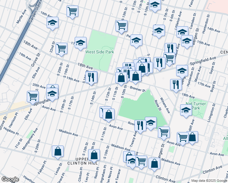 map of restaurants, bars, coffee shops, grocery stores, and more near 638 South 11th Street in Newark