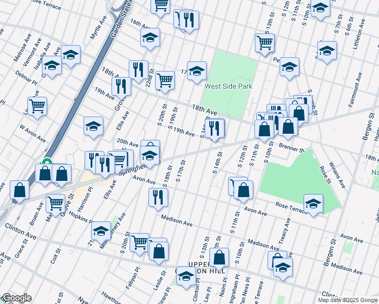 map of restaurants, bars, coffee shops, grocery stores, and more near 712 South 17th Street in Newark