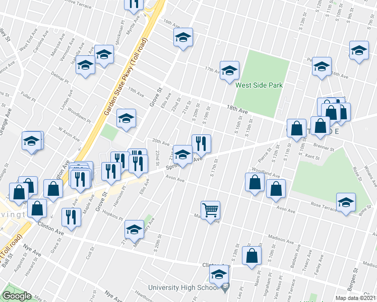 map of restaurants, bars, coffee shops, grocery stores, and more near 743 South 20th Street in Newark