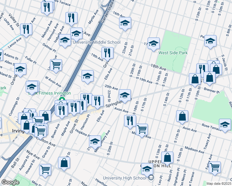 map of restaurants, bars, coffee shops, grocery stores, and more near 10 20th Avenue in Irvington