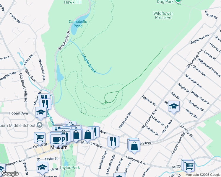 map of restaurants, bars, coffee shops, grocery stores, and more near Crest Drive in Millburn