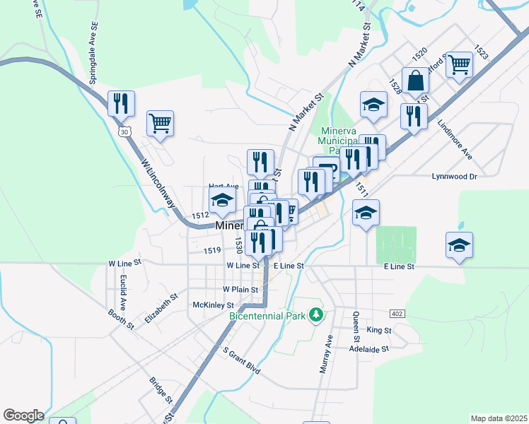 map of restaurants, bars, coffee shops, grocery stores, and more near 401 North Market Street in Minerva