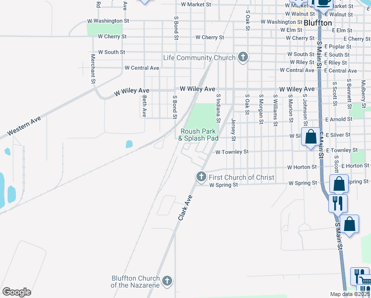 map of restaurants, bars, coffee shops, grocery stores, and more near 1102 West Silver Street in Bluffton