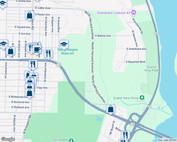 map of restaurants, bars, coffee shops, grocery stores, and more near 3601 North Harvard Avenue in Peoria