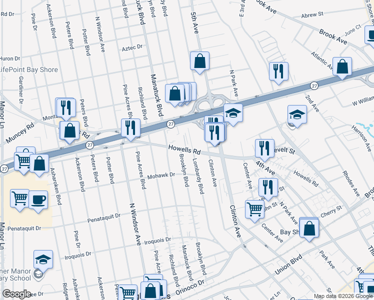 map of restaurants, bars, coffee shops, grocery stores, and more near 105 Howells Road in Bay Shore