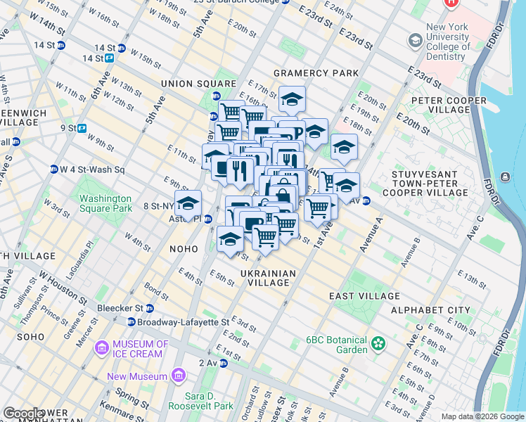 map of restaurants, bars, coffee shops, grocery stores, and more near 225 East 11th Street in New York