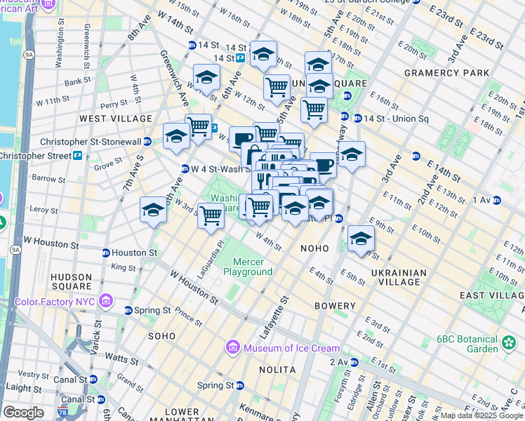 map of restaurants, bars, coffee shops, grocery stores, and more near 100 Washington Square East in New York