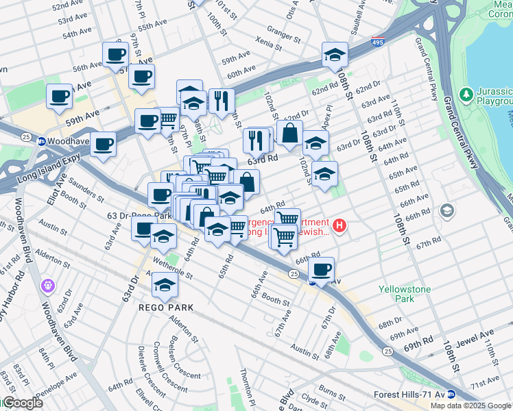 map of restaurants, bars, coffee shops, grocery stores, and more near 9851 64th Avenue in Queens