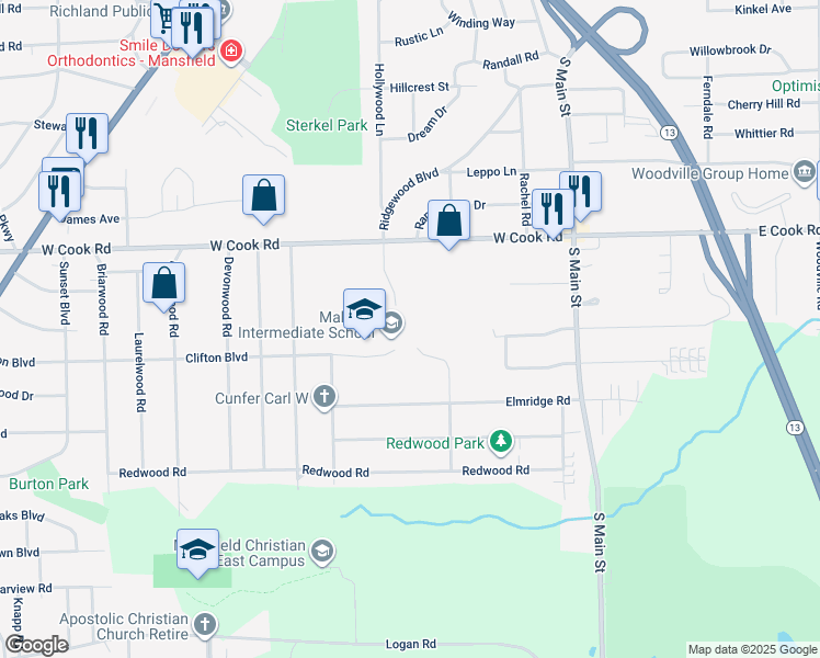 map of restaurants, bars, coffee shops, grocery stores, and more near 205 West Cook Road in Mansfield