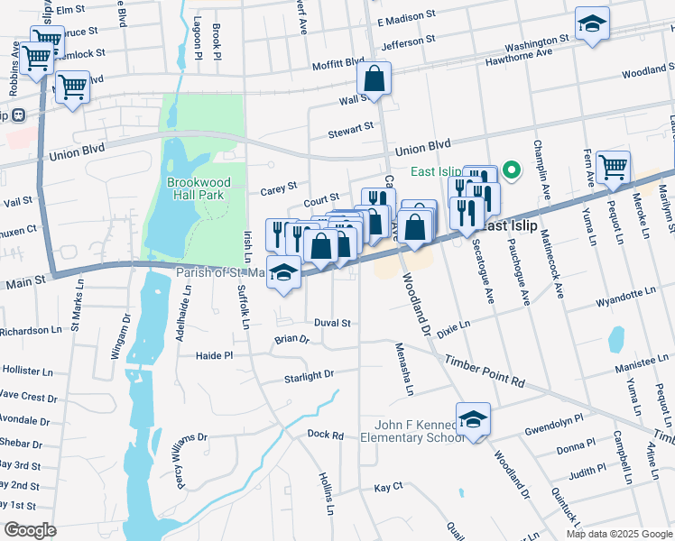 map of restaurants, bars, coffee shops, grocery stores, and more near 67 West Main Street in East Islip