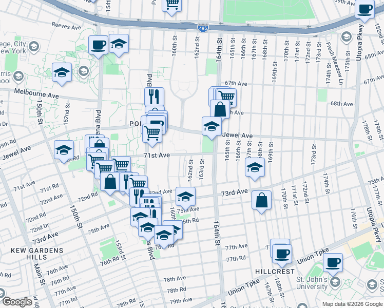 map of restaurants, bars, coffee shops, grocery stores, and more near 161-8 Jewel Avenue in Queens