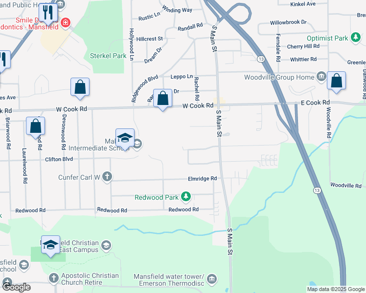 map of restaurants, bars, coffee shops, grocery stores, and more near 86 Shaffner Boulevard in Mansfield