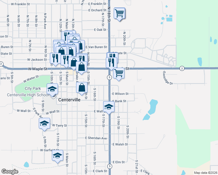 map of restaurants, bars, coffee shops, grocery stores, and more near 422 South 18th Street in Centerville