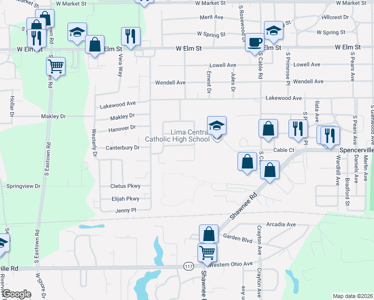 map of restaurants, bars, coffee shops, grocery stores, and more near 2812 Chapel Hill Drive in Lima