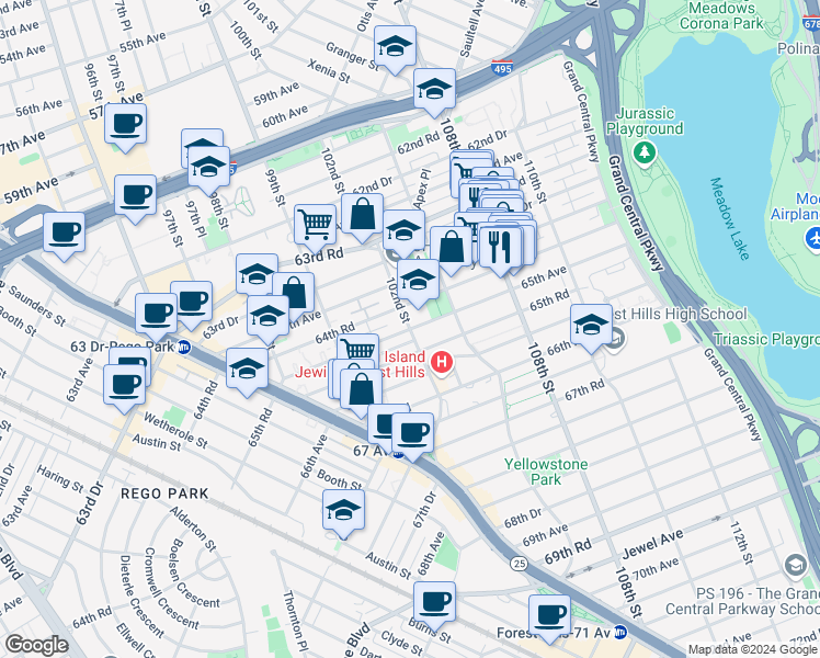 map of restaurants, bars, coffee shops, grocery stores, and more near 64-35 102nd Street in Queens