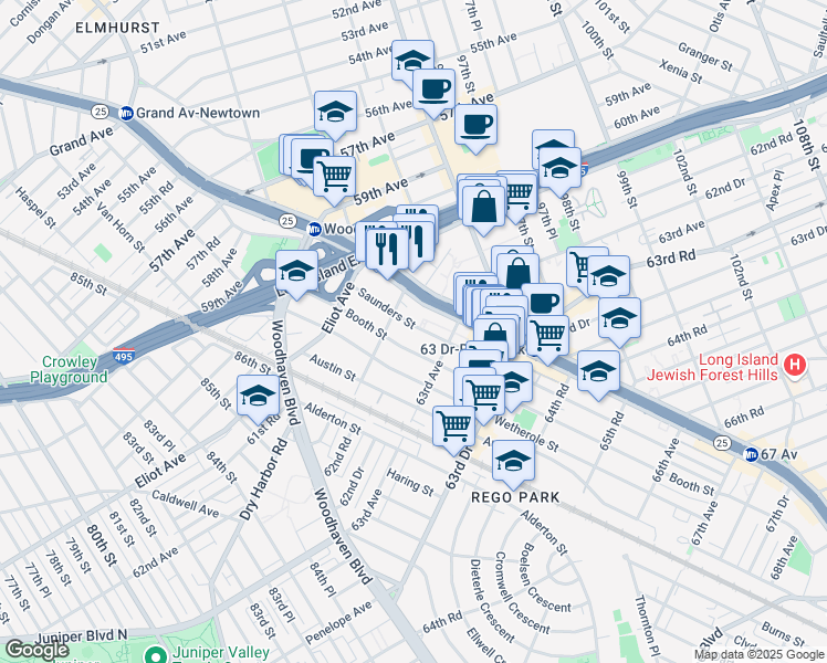 map of restaurants, bars, coffee shops, grocery stores, and more near 62-82 Saunders Street in Queens