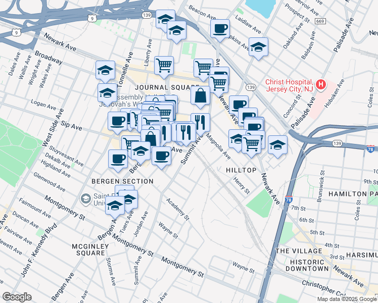 map of restaurants, bars, coffee shops, grocery stores, and more near 40 Sip Avenue in Jersey City