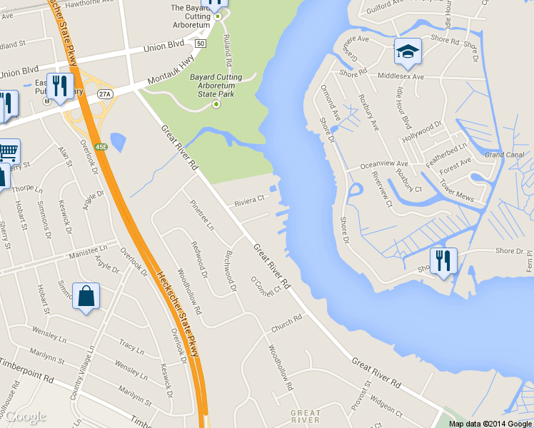 map of restaurants, bars, coffee shops, grocery stores, and more near 263A Great River Road in Great River