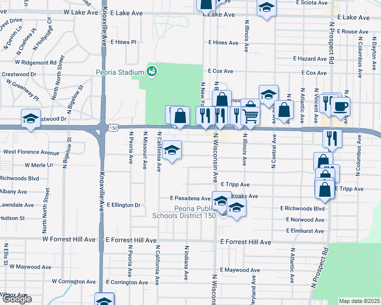 map of restaurants, bars, coffee shops, grocery stores, and more near 520 East Paris Avenue in Peoria