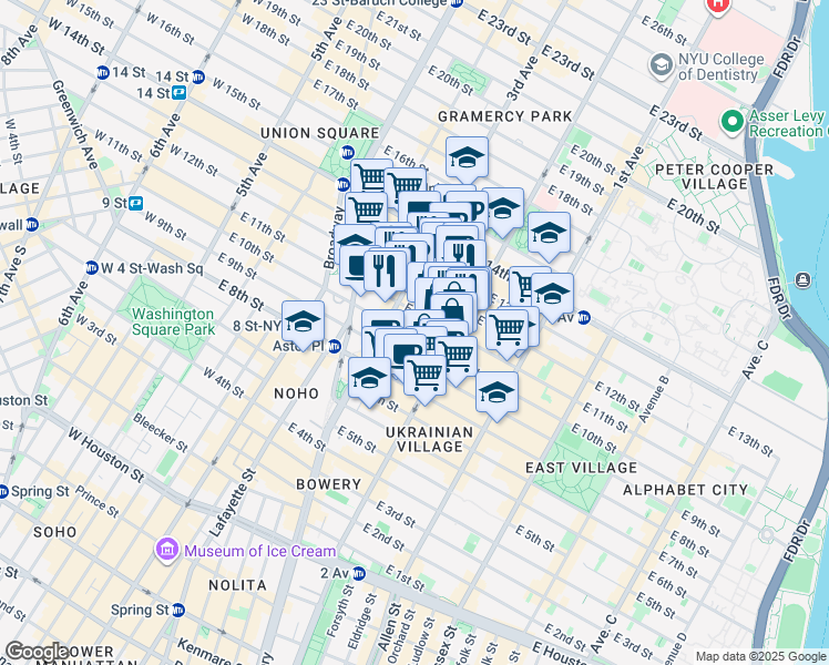 map of restaurants, bars, coffee shops, grocery stores, and more near 121 East 10th Street in New York