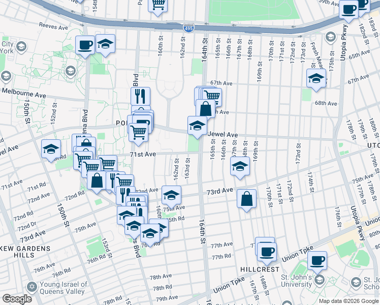 map of restaurants, bars, coffee shops, grocery stores, and more near 70-10 164th Street in Queens