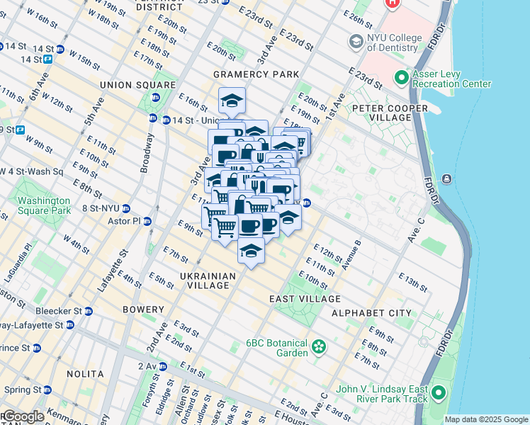 map of restaurants, bars, coffee shops, grocery stores, and more near 324 East 13th Street in New York