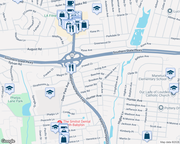 map of restaurants, bars, coffee shops, grocery stores, and more near 65 Irving Avenue in North Babylon