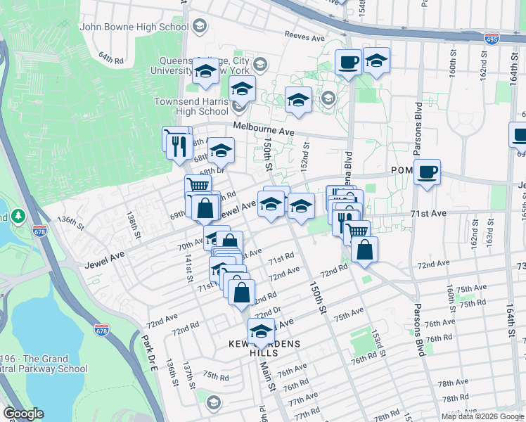 map of restaurants, bars, coffee shops, grocery stores, and more near 147-52 Jewel Avenue in Queens