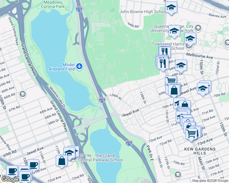 map of restaurants, bars, coffee shops, grocery stores, and more near 67-73 136th Street in Queens