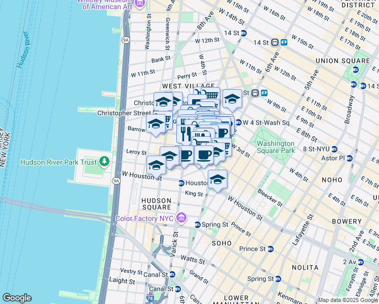map of restaurants, bars, coffee shops, grocery stores, and more near 30 7th Avenue South in New York