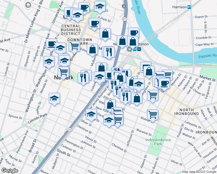map of restaurants, bars, coffee shops, grocery stores, and more near 76 New Jersey Railroad Avenue in Newark