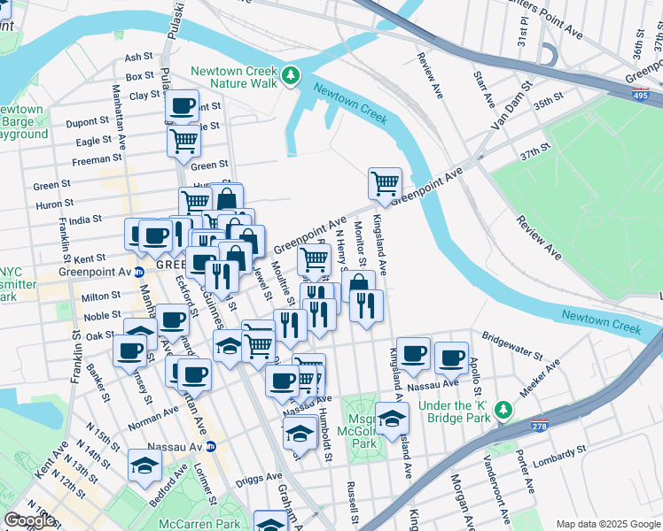 map of restaurants, bars, coffee shops, grocery stores, and more near 295 Russell Street in Brooklyn