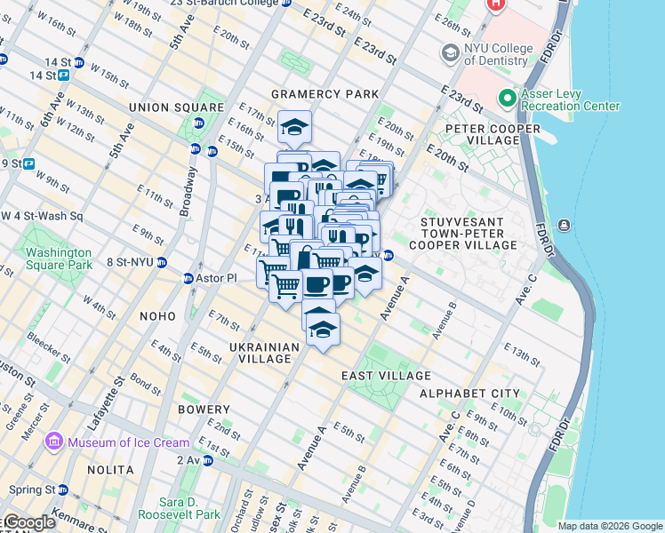 map of restaurants, bars, coffee shops, grocery stores, and more near 339 East 12th Street in New York