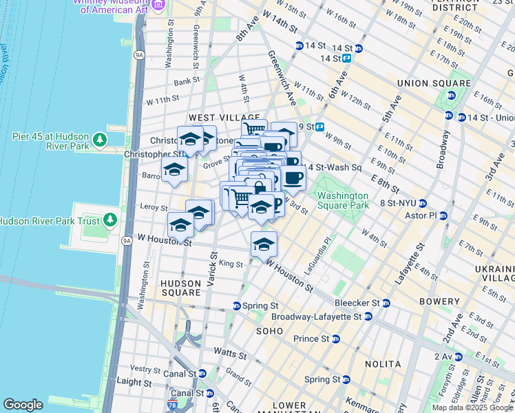 map of restaurants, bars, coffee shops, grocery stores, and more near 17 Carmine Street in New York