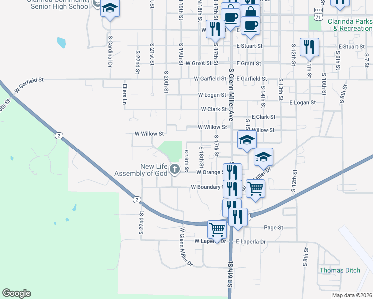 map of restaurants, bars, coffee shops, grocery stores, and more near 800 South 19th Street in Clarinda