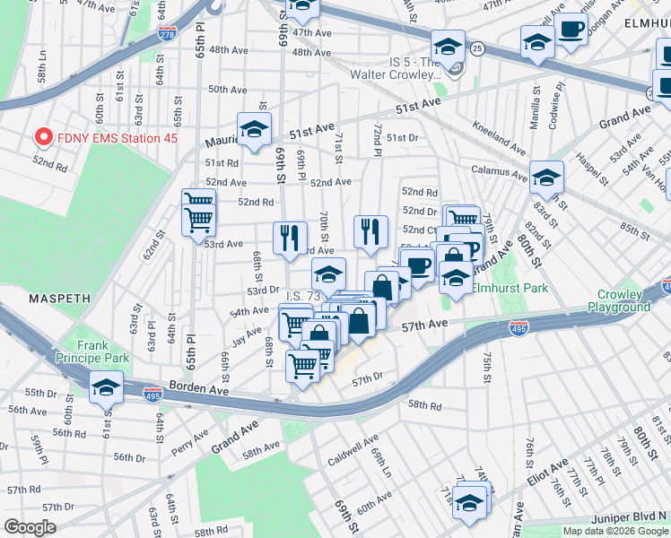 map of restaurants, bars, coffee shops, grocery stores, and more near 70-20 53rd Avenue in Queens