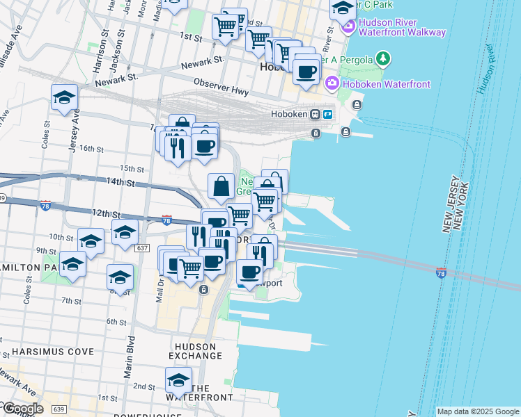 map of restaurants, bars, coffee shops, grocery stores, and more near 1 Shore Lane in Jersey City