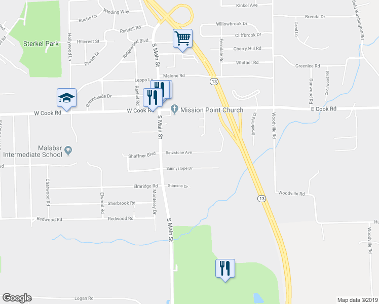 map of restaurants, bars, coffee shops, grocery stores, and more near 73 Betzstone Avenue in Mansfield